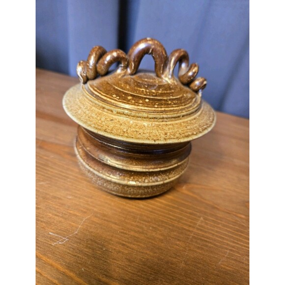 Art Pottery Dish Jar W/Lid Brown Tones Handmade, Marked By Artist - Picture 2 of 9